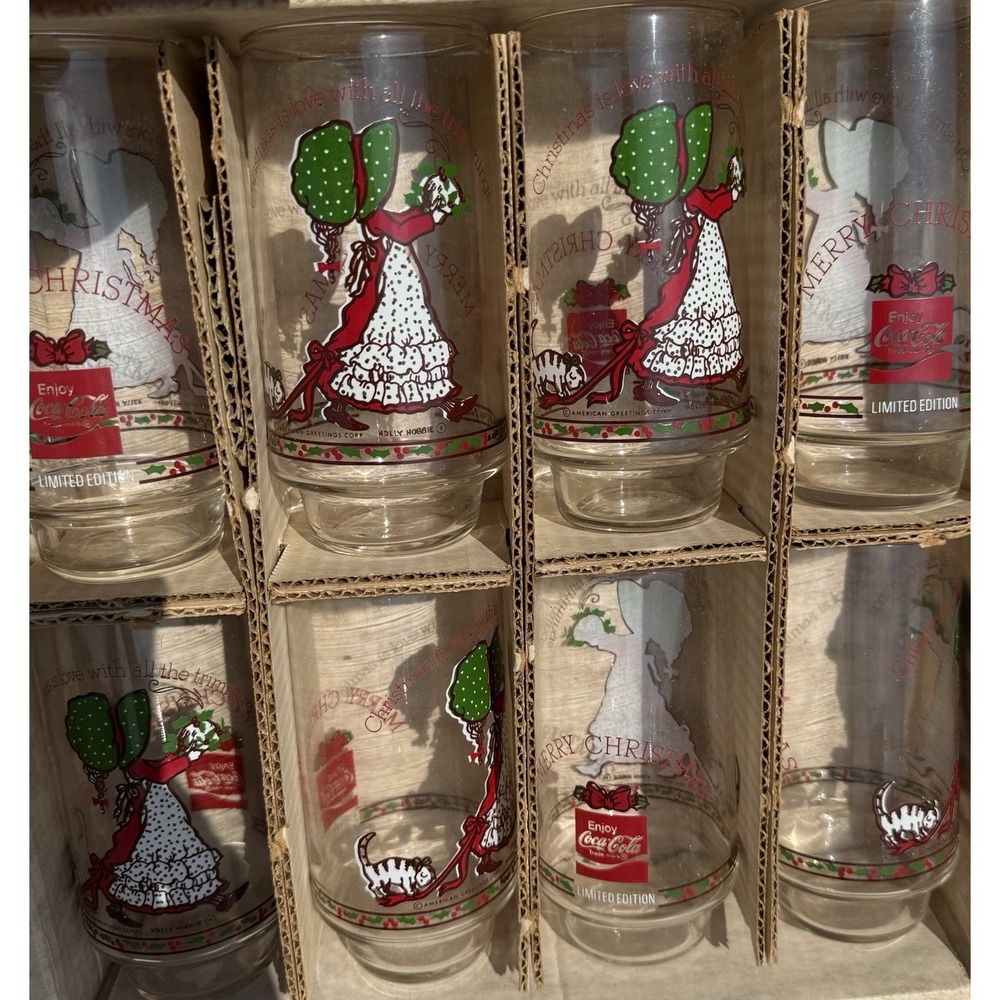 Vtg 70s Holly Hobbie Coca Cola Christmas Holiday Drinkware Set Of 8 Glasses‎